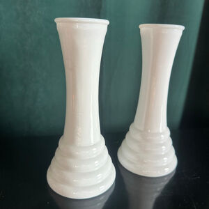 Vintage Randall White Milk Glass Bud Vases, Beehive Ringed BaseSet of 2